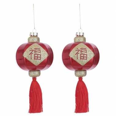 2x kerstboomversiering hangers chinese lantaarns rood 8 cm