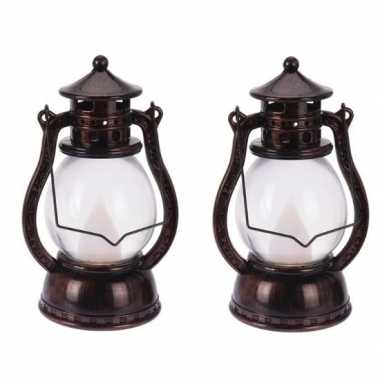 2x koperen lantaarn decoratie 12 cm vlam led licht op batterijen