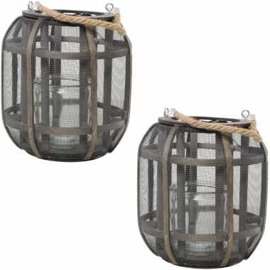 2x stuks houten lantaarns/windlichten lock 20 x 22 cm