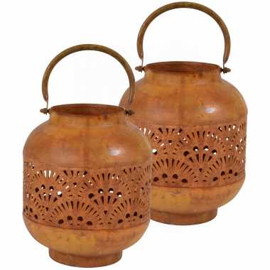 2x stuks metalen lantaarns/windlichten roest 18 x 21 cm