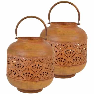 2x stuks metalen lantaarns/windlichten roest 23 x 40 cm