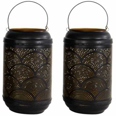 2x stuks metalen lantaarns/windlichten zwart/goud cirkels 16 x 26 cm