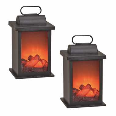 2x stuks sfeerhaard/open haard lantaarn zwart met led verlichting l14 x b14 x h27 cm