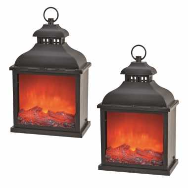 2x stuks sfeerhaard/open haard lantaarn zwart met led verlichting l15 x b25 x h39 cm