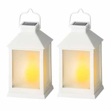 2x stuks solar lantaarn kunststof met vlam effect wit 18 cm