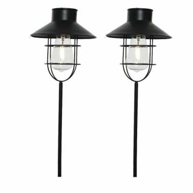 3x stuks led lantaarn op steker solar verlichting zwart met wit licht 65 cm