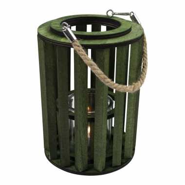 Lantaarn windlicht rotan/glas 15 x 20 cm groen