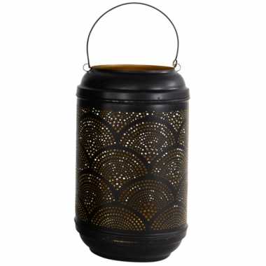 Metalen lantaarn/windlicht zwart/goud cirkels 16 x 26 cm