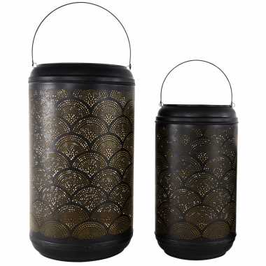 Set van 2x metalen lantaarns/windlichten zwart/goud cirkels 37 en 45 cm