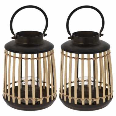 Set van 2x stuks lantaarns/windlichten bamboe/metaal 18 x 24 cm zwart