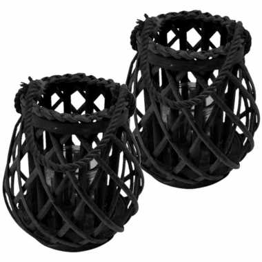 Set van 3x stuks lantaarn windlicht rotan/glas 20 cm zwart