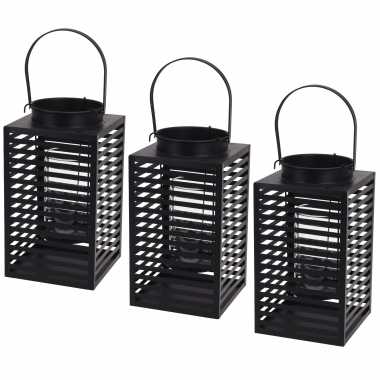 Set van 3x stuks metalen lantaarn/windlicht kaarshouder zwart 12 x 24,5 cm