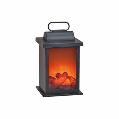 Sfeerhaard/open haard lantaarn zwart met led verlichting l14 x b14 x h27 cm