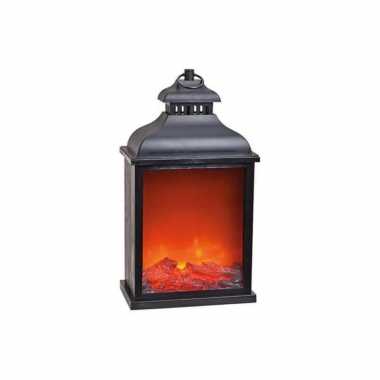 Sfeerhaard/open haard lantaarn zwart met led verlichting l15 x b25 x h45 cm
