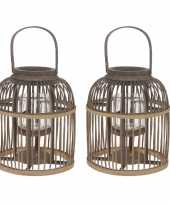 2x bamboe lantaarns windlichten met glas 25 x 30 cm