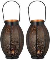 2x metalen theelichthouders waxinelichthouders windlichten lantaarns zwart goud 25 cm