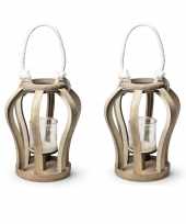 2x stuks houten windlicht kaarsenhouder lantaarn 27 cm