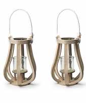 2x stuks houten windlicht kaarsenhouder lantaarn 33 cm