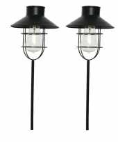 2x stuks led lantaarn op steker solar verlichting zwart met wit licht 65 cm