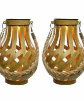2x stuks solar lantaarn ijzer met vlam effect goud 18 5 cm
