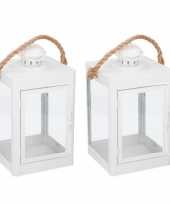 2x stuks witte lantaarns met koord tuin decoratie 19 x 35 cm