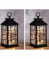 2x zwarte lantaarns met led lampjes 31 cm