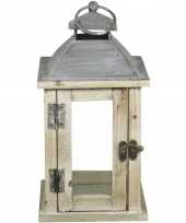 Houten lantaarn kaarshouder met deurtje whitewash grijs 15 x 30 cm