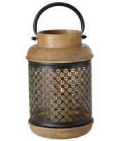 Lantaarn windlicht mango hout zwart metaal van 23 cm