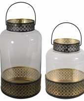 Set van 2x lantaarns windlichten zwart goud arabische stijl 28 en 37 cm metaal en glas