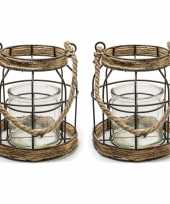 Set van 2x stuks metalen jute lantaarn kaarsenhouders 16 x 19 cm