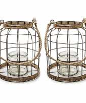 Set van 2x stuks metalen jute lantaarn kaarsenhouders 22 x 27 cm